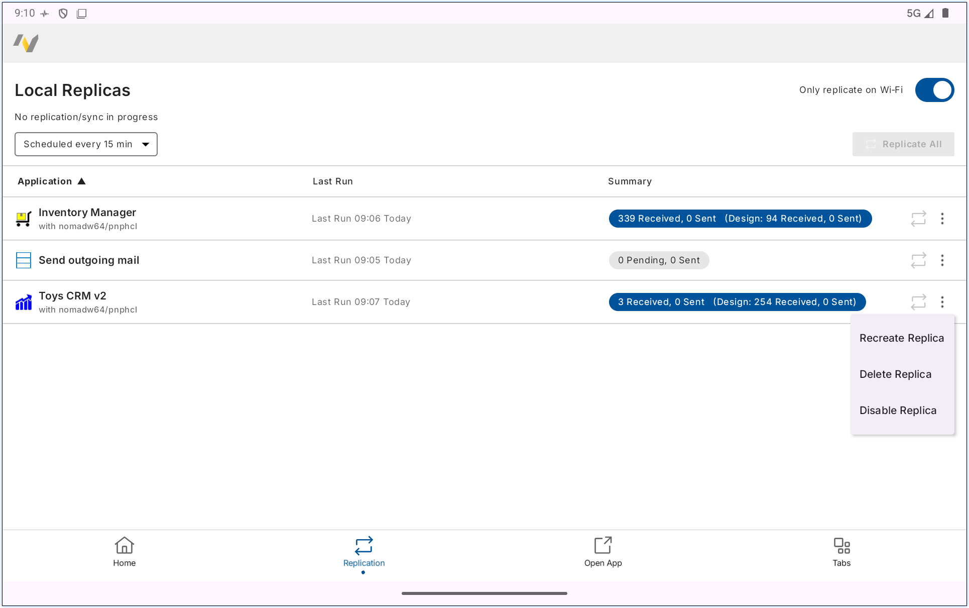 Screenshot of a Local Replicas dashboard listing two applications with their last run times and replication summaries. A Replicate All button and Only replicate on Wi-Fi toggle appear at the top, while an open menu offers Recreate Replica, Delete Replica, and Disable Replica options.