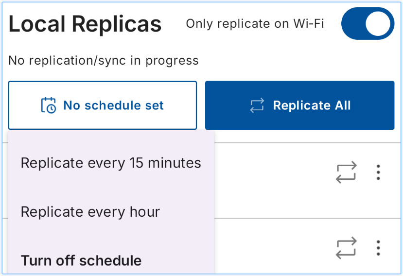 A screenshot of a "Local Replicas" configuration menu with an active dropdown list showing schedule intervals: "Replicate every 15 minutes", "Replicate every hour", and "Turn off schedule".
