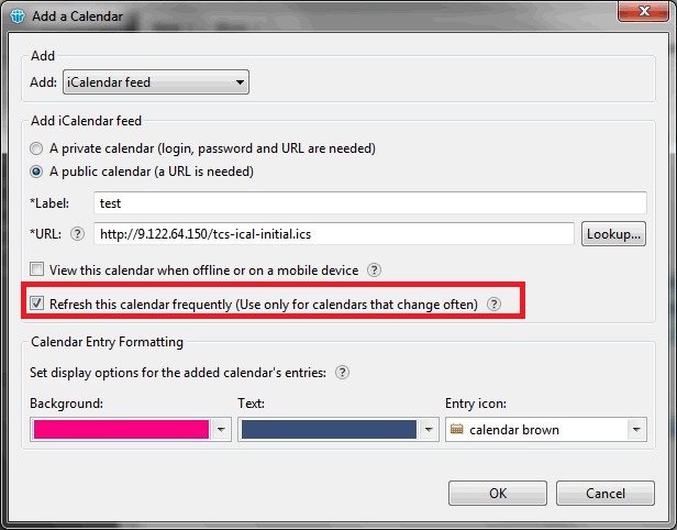 iCalendar feed dialog box