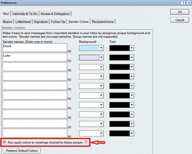 Also apply colors to meetings chaired by these people option.