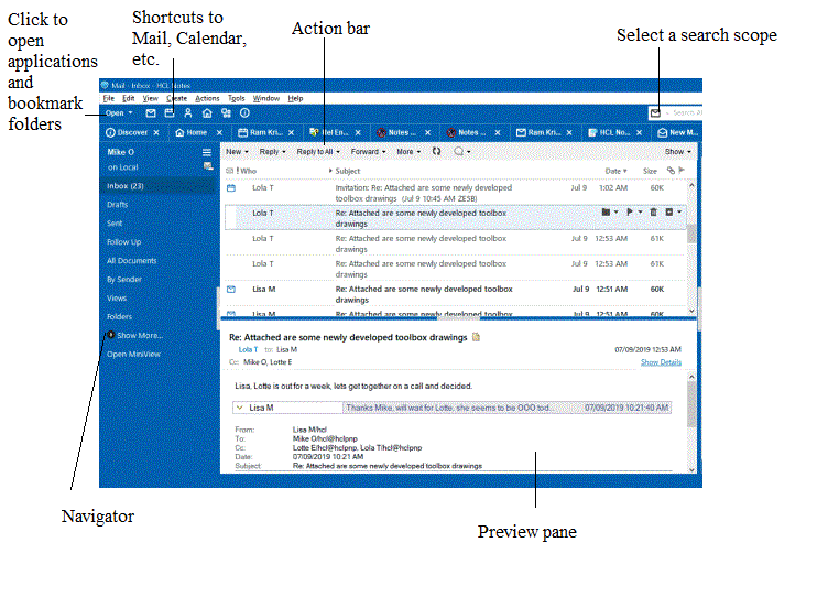 Mailansicht mit Beschreibungen