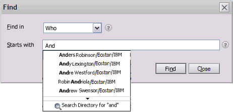 Boîte de dialogue Recherche avec frappe anticipée