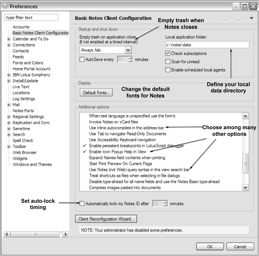 Notes Basic Preferences dialog