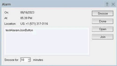 join button displayed in a calendar alarm