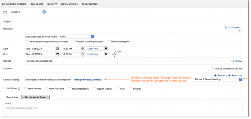 Calendar invite showing Manage Meeting Settings button