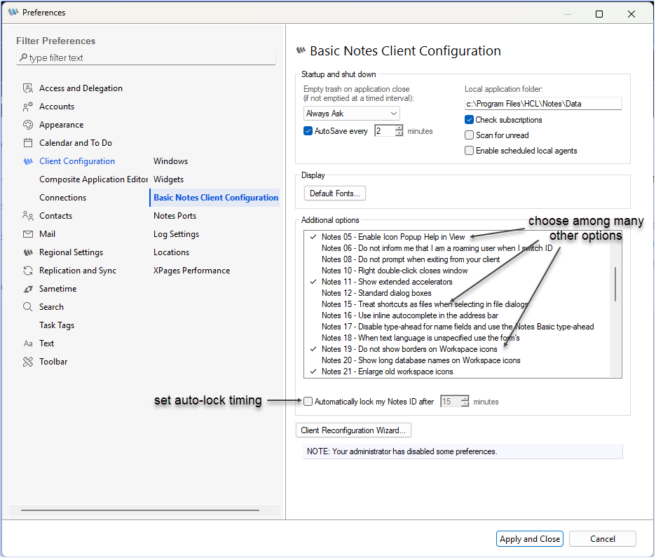 Notes Basic Preferences dialog