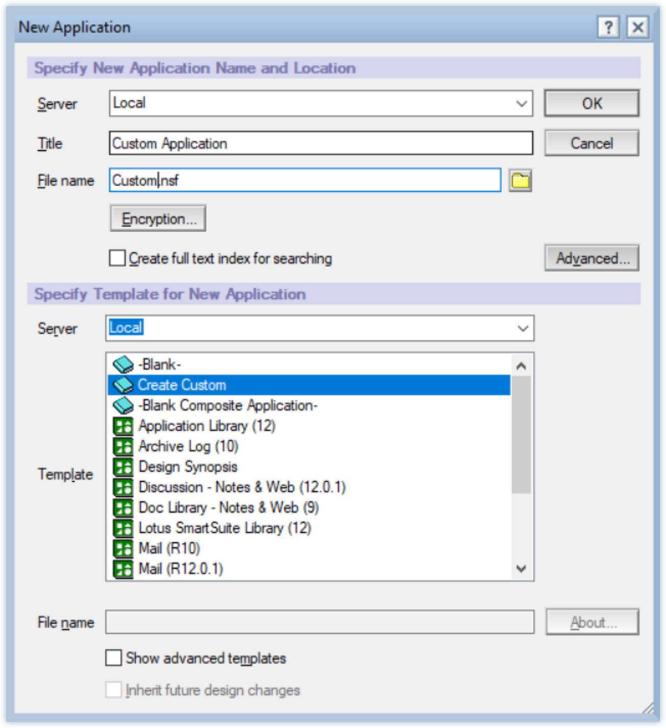 New application image. with the name, location and template