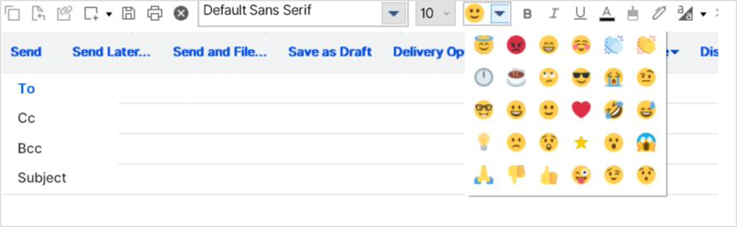 Mail document showing emoji dropdown list expanded  from the action bar