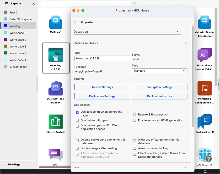 Screeshot of InfoBox open in separate window displaying properties for a database from Notes Workspace.