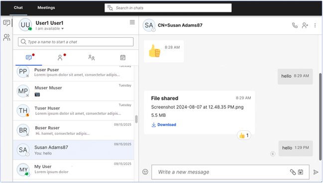 This is the new Sametime chat with notes having the reactions and chat receipts