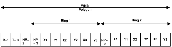 This graphic shows a series of boxes with the following values: B=1; T=3; NR=2; NP=3 (beginning of Ring 1); X1; Y1; X2; Y2; X3; Y3 (ending of Ring 1); NP=3 (beginning of Ring 2); X1; Y1; X2; Y2; X3; Y3 (ending of Ring 2).