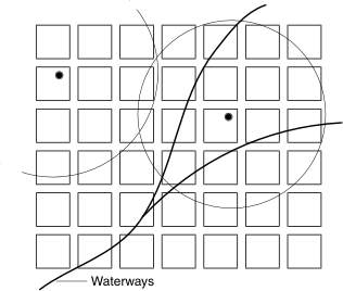 A hazardous waste site buffer crosses a stream network.