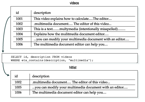 Shows a basic search for rows that contain the keyword "multimedia" from a table whose column has various spellings for the keyword. The hitlist is two returned rows that have the same spelling as the search keyword.