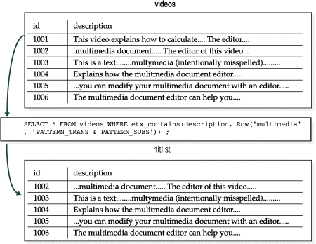 Shows the use of combining the PATTERN_TRANS and PATTERN_SUBS tuning parameters for the keyword "multimedia." The hitlist from the videos table is the rows that contain the words: "multimedia," "multymedia," and "mulitmedia."