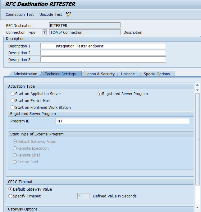 Defining an RFC Destination for RIT