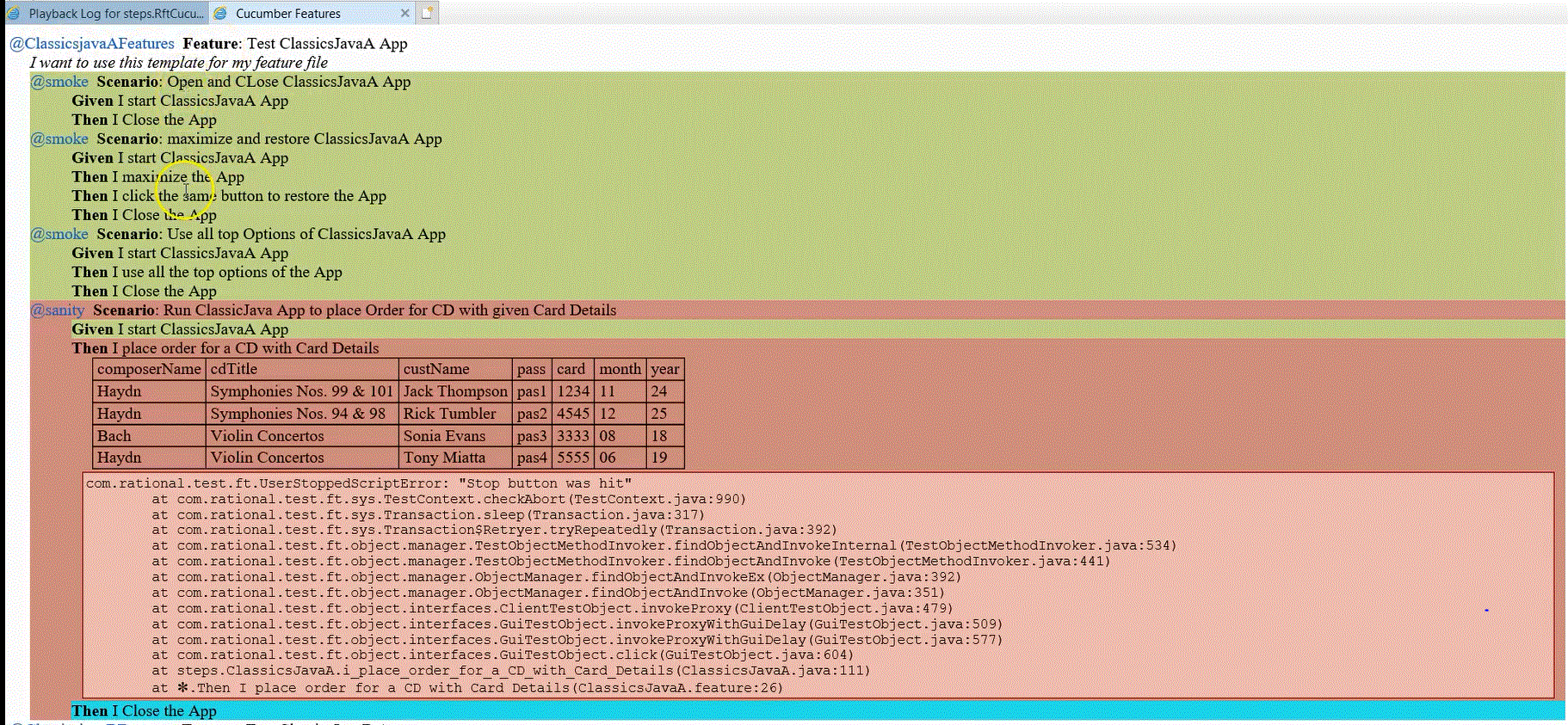 Log file with Cucumber annotations