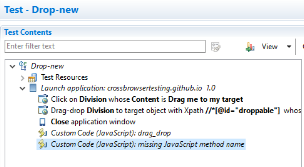 Test step added with custom code (JavaScript) including method name if any.