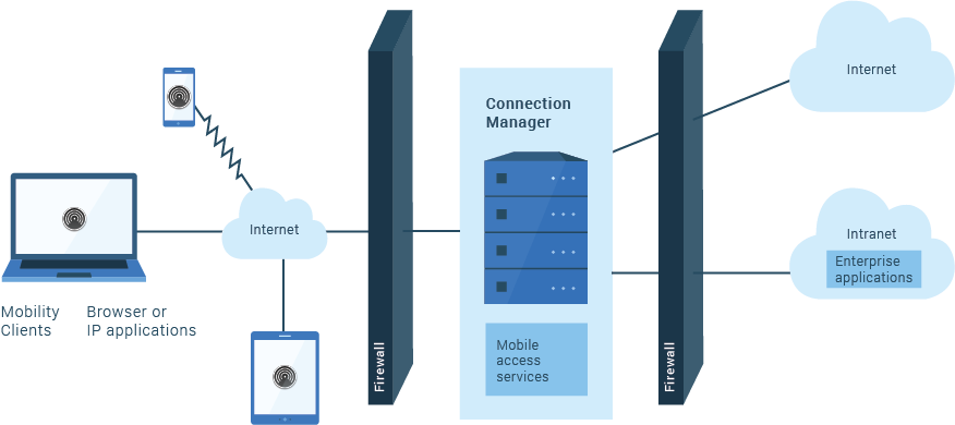 Communications are sent through the network to the SafeLinx Server and servers to provide access to enterprise applications and the Internet.