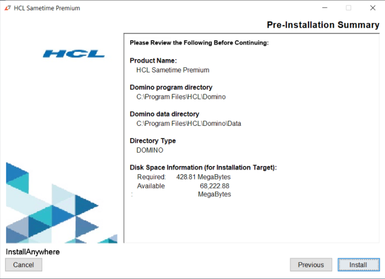 Pre-installation summary window