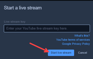 start live stream dialogue box