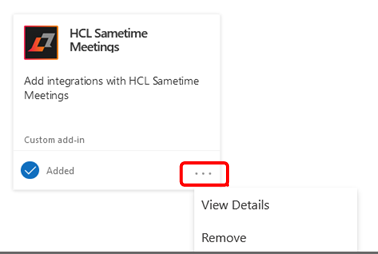 User interface showing Sametime add-in tile and remove function