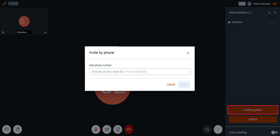 Invite by phone user interface dialogue box