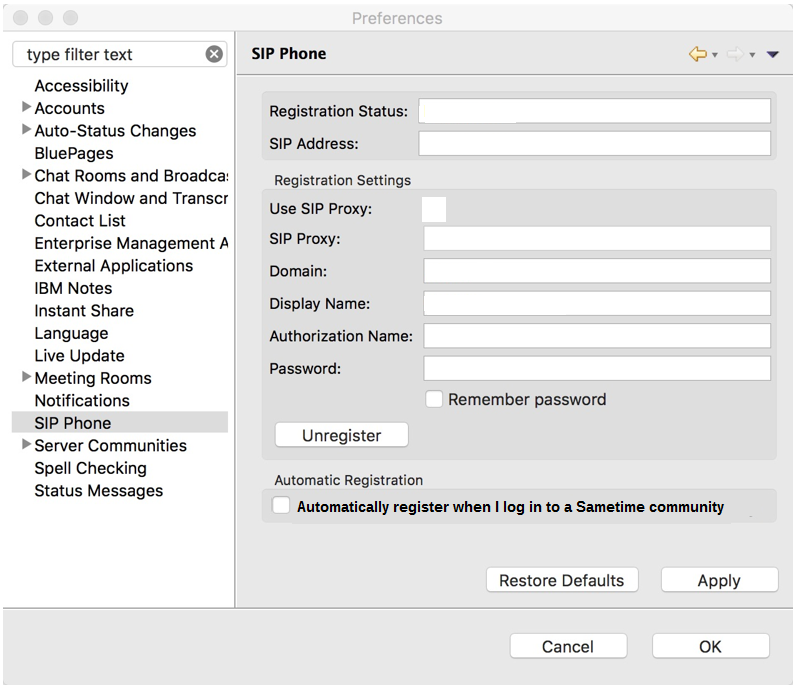 SIP Phone preferences page