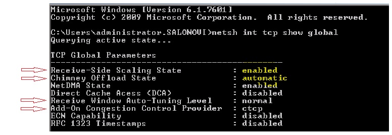 Status display for TCP global settings in Windows 2008