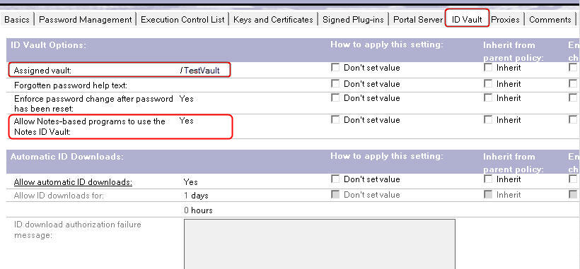 ID vault tab on server document