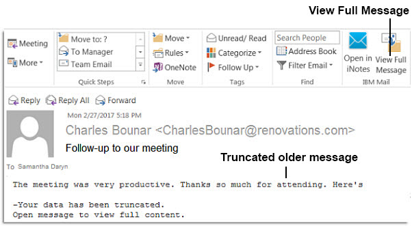 Using View Full Message option with a truncated older message.