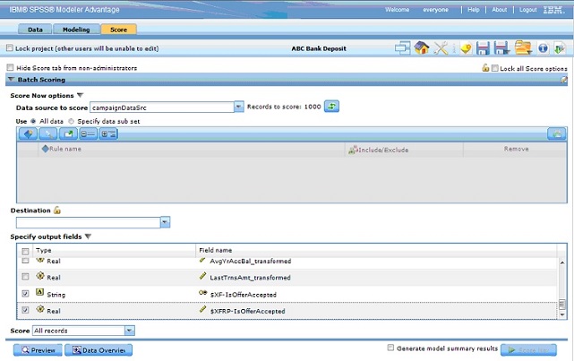 The SPSS Modeler Advantage screen displays the Scoring Tab.