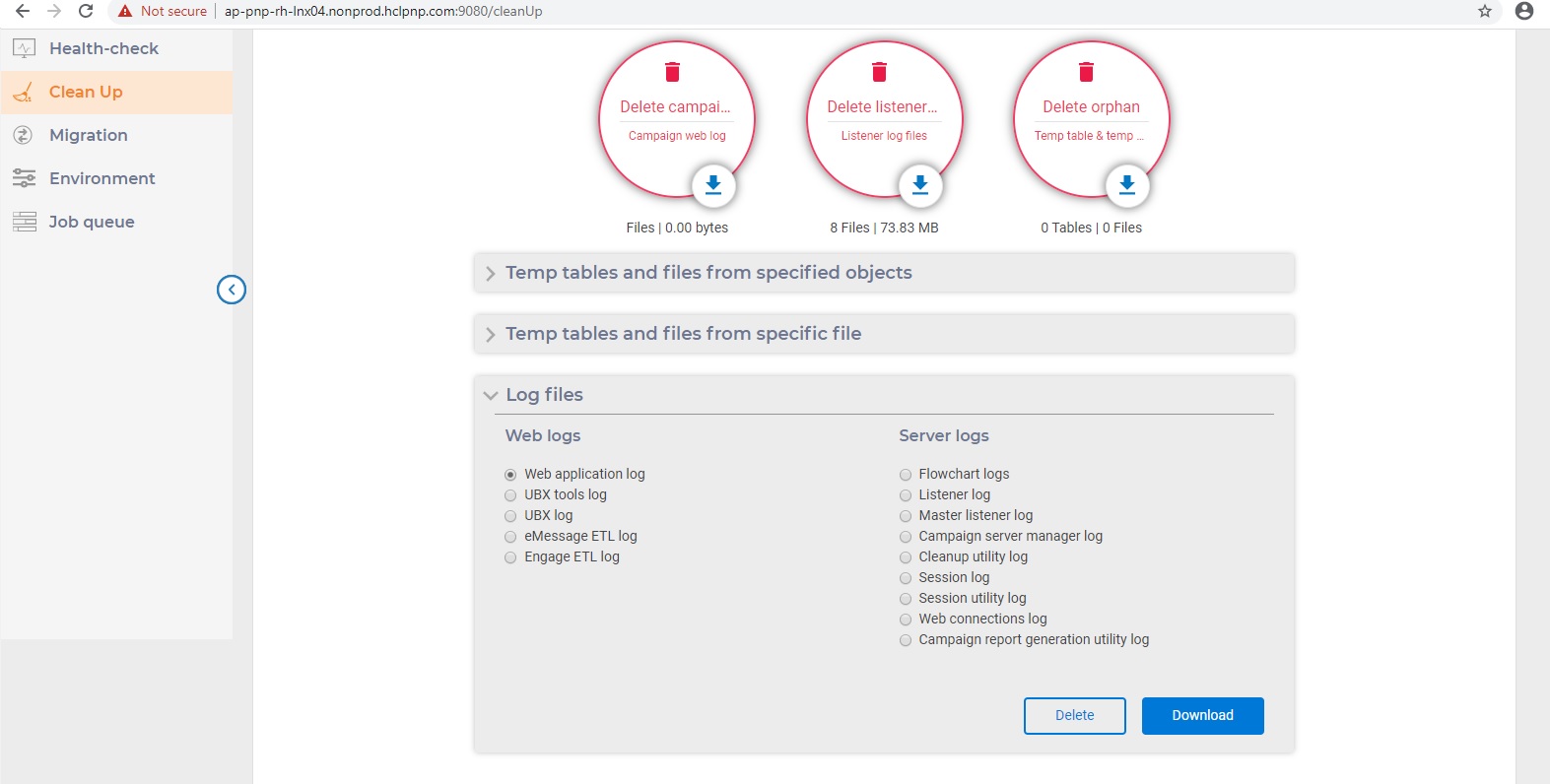 Clean up/Download temporary files, tables and log files