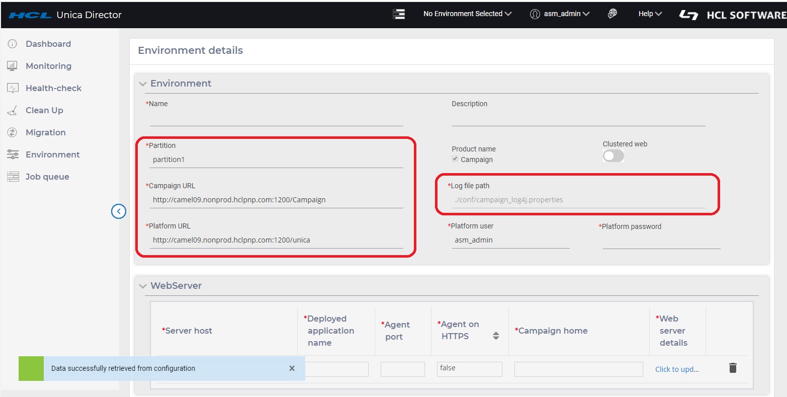 Environment Details Page when you login for first time