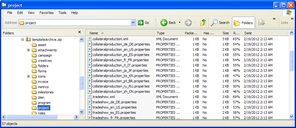 Windows Explorer mit geöffnetem Unterverzeichnis „templateArchive.zip\project“