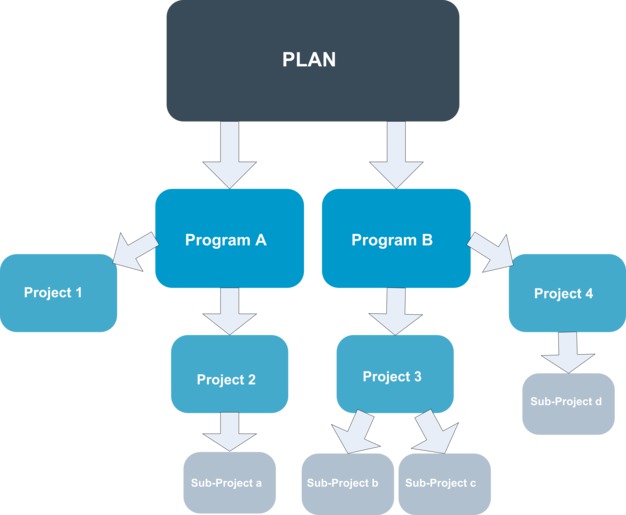 Image de la hiérarchie d'un plan vers des programmes vers des projets et sous-projets