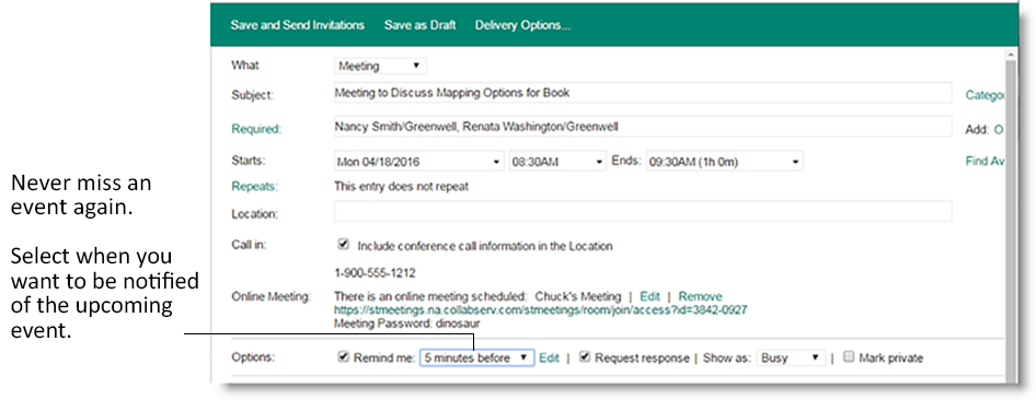 Calendar invitation with options to set when you want to be notified of the upcoming event