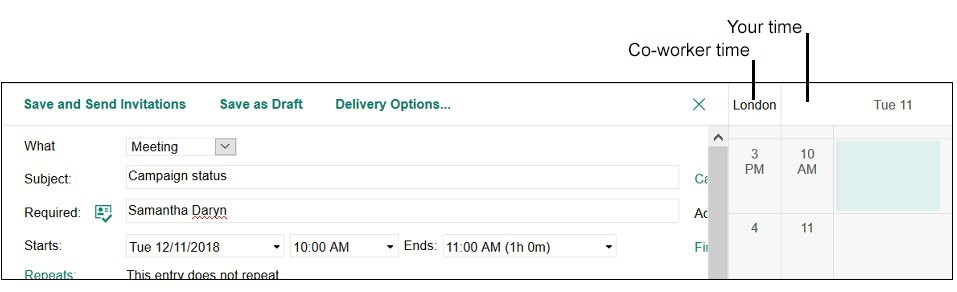 Co-worker time zone next to your time zone in a new meeting invitation