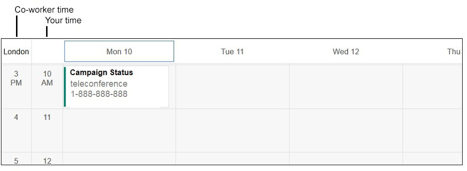 Week calendar view with co-worker time zone next to your time zone