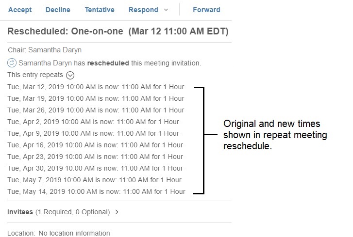 Old times and new times shown in a repeat meeting reschedule