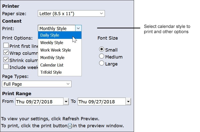 Calendar options for printing