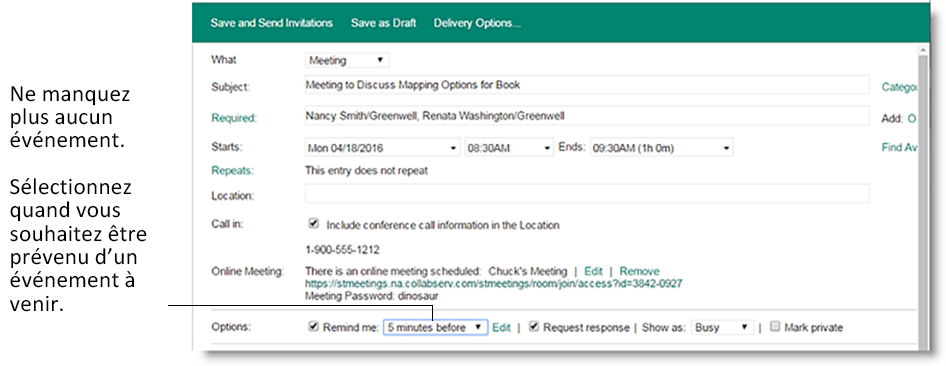 Invitation d'agenda avec des options permettant de définir quand vous souhaitez être averti de l'événement à venir