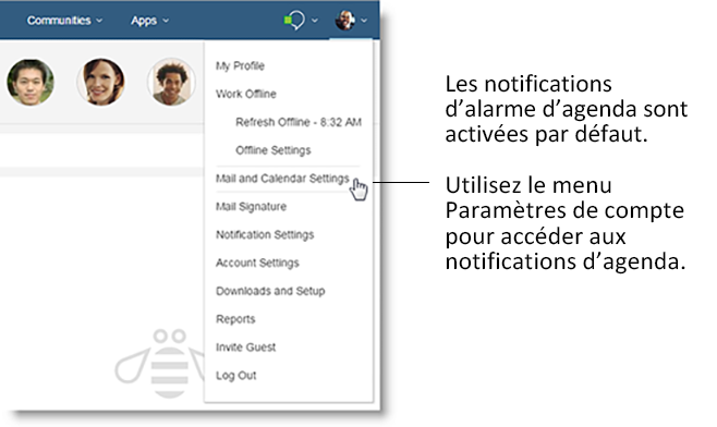 Menu Paramètres de compte avec l'option Paramètres de courrier et d'agenda