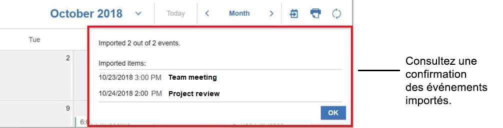 Confirmation de l'importation de l'agenda