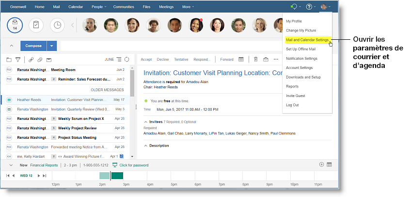 Clic sur les comptes utilisateur > Paramètres de courrier et d'agenda