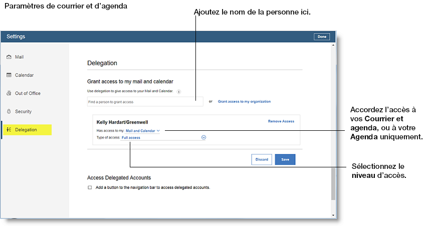 Paramètres de délégation