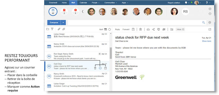 Pour chaque courrier, sélectionnez Placer dans la corbeille, Retirer de la boîte de réception ou Action requise.