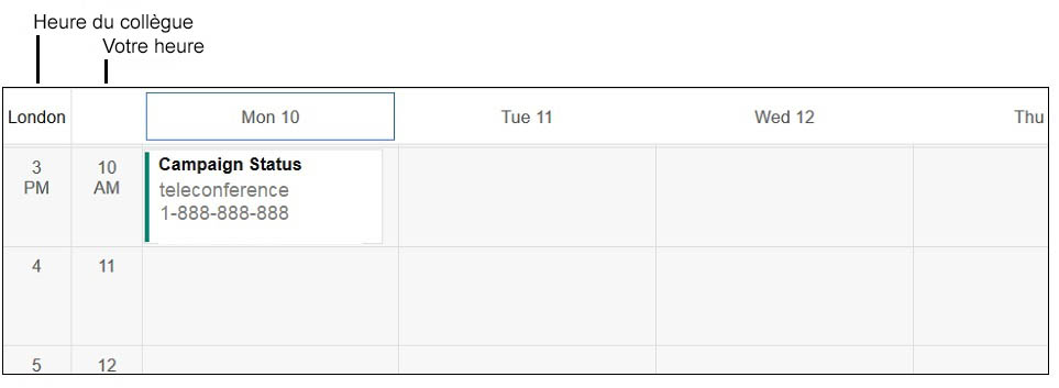 Vue Semaine de l'agenda avec le fuseau horaire du collègue à côté du vôtre