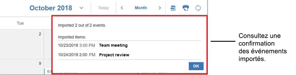 Confirmation de l'importation de l'agenda