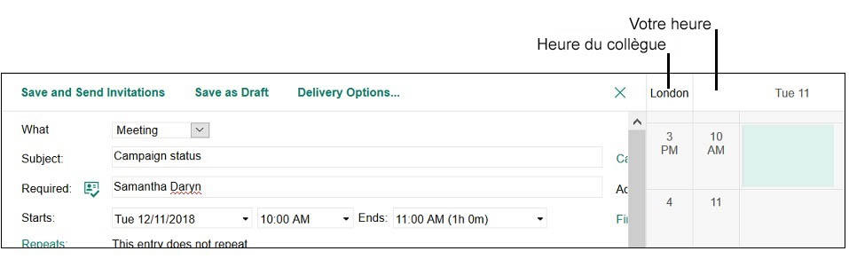 Fuseau horaire du collègue à côté du vôtre dans une nouvelle invitation d'agenda