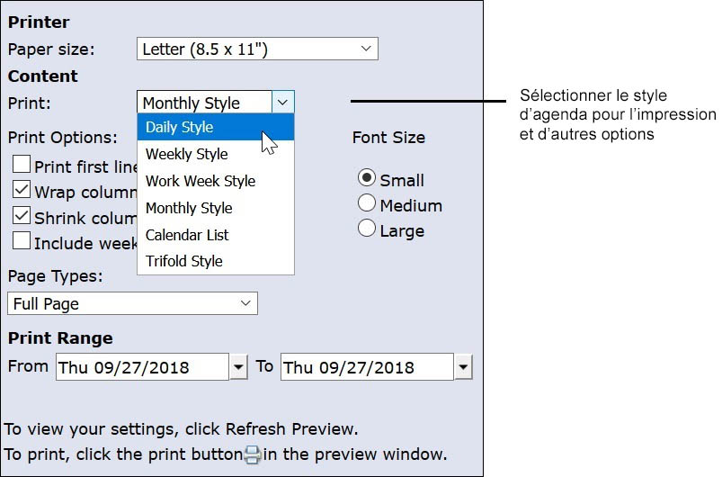 Options d'agenda pour l'impression